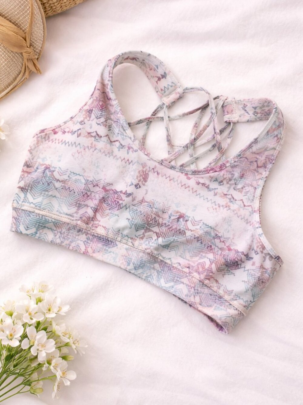 ShoSho Criss-Cross Back Sports Bra – Size Large, Pink Abstract Print, Stretch